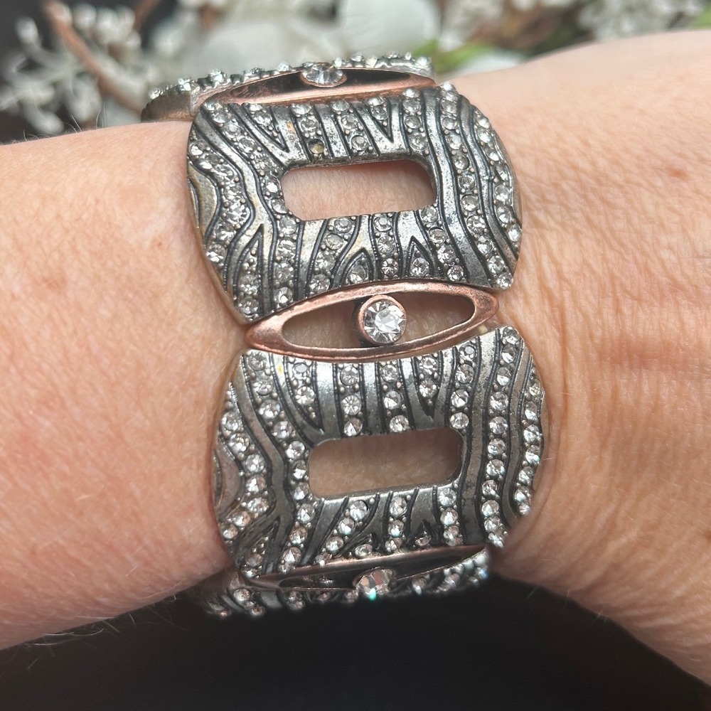 Vintage Art Deco Rhinestone Stretch Bracelet Gunmetal Silver Glam‎ Cocktail